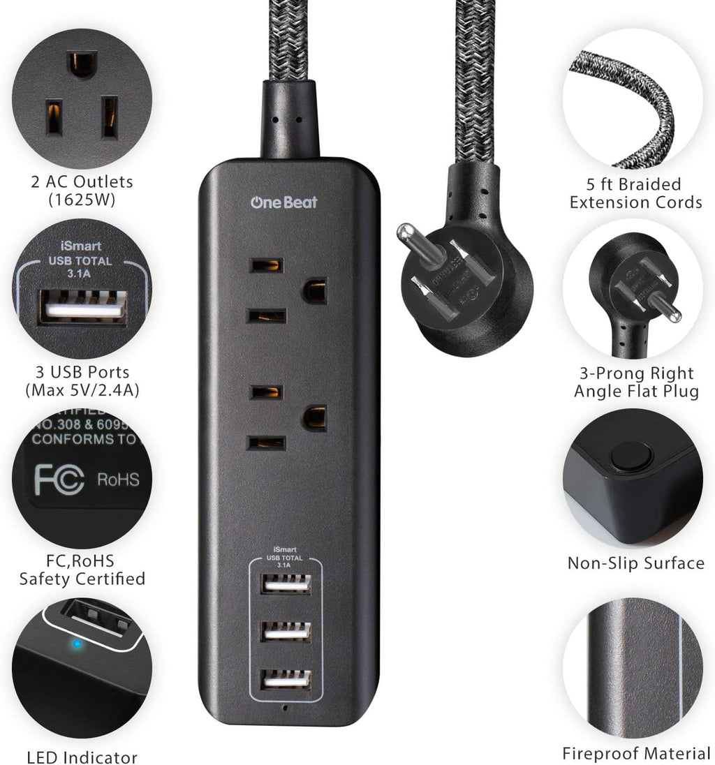 2 Pack Power Strip with USB, 2 Outlets and 3 USB Ports